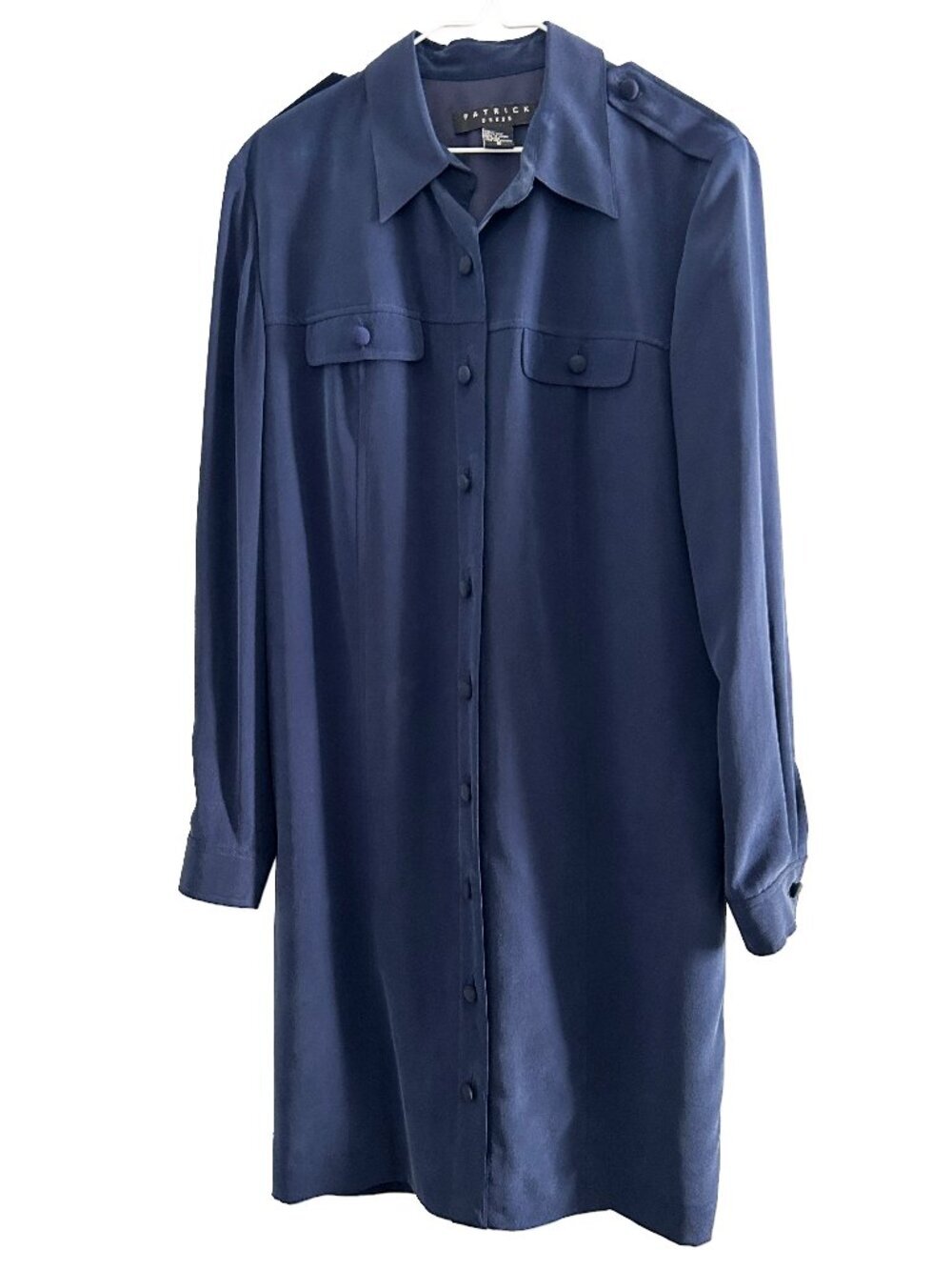 100% Silk Navy Blue Long Sleeve Shirt Dress Lagenlook Size 10 Vintage